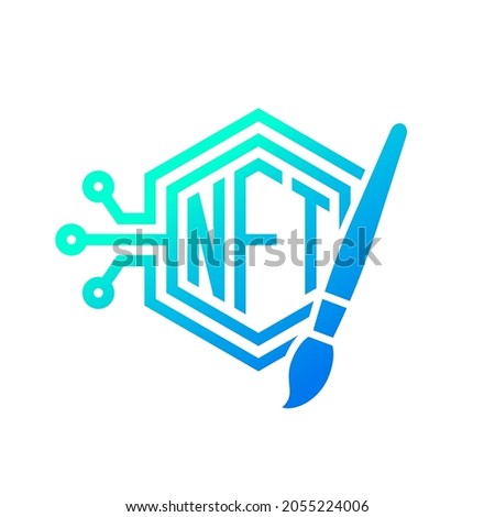 NFT icon with paintbrush, Non-Fungible Token logo design, Digital art marketplace, Cryptocurrency blockchain concept symbol, Vector illustration