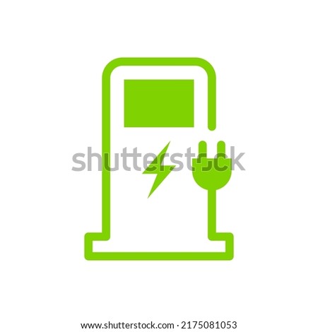 Green eco electric fuel pump icon, Charging point station for hybrid, Linear design, Isolated on white background, Vector illustration