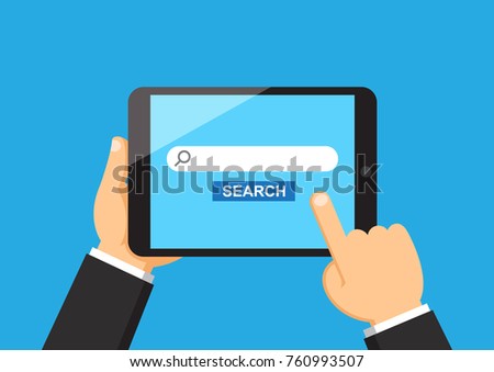 Businessman hand holding tablet with search bar and button on screen, Surfing the internet business concept, Flat design vector illustration