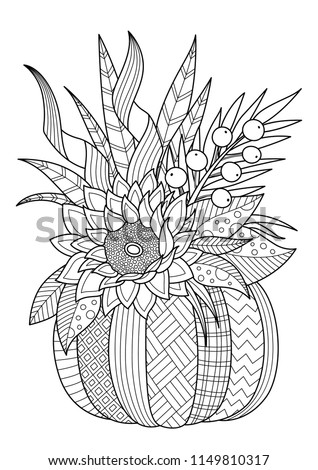Vector doodle coloring book page pumpkin with flower composition. Anti-stress for adults and children 商業照片 © 