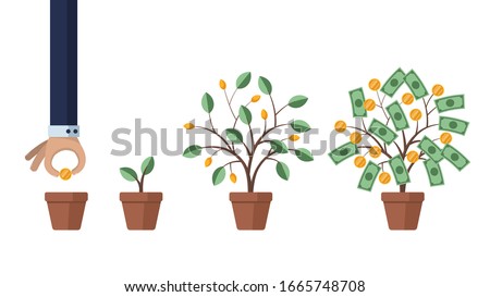 Investing in business and revenue growth. Saving and increasing money. Concept illustration. Man grows a money tree. Isolated on white background. Stock vector illustration