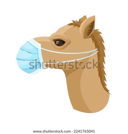 Camel in a medical mask side view. Vector illustration on the theme of camel flu and coronavirus. Stock vector.