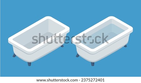 Isometric bathtub, empty and filled with water. Vector illustration on a white background.