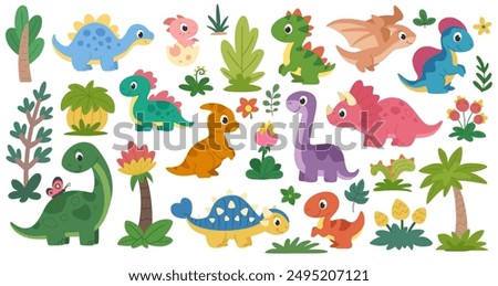 Children dinosaurs set. Collection of cute cartoon dinosaurs and prehistoric plants. White background,