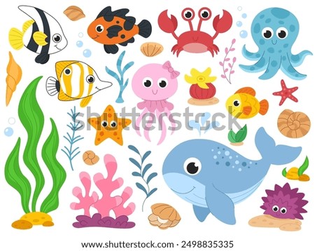 Childrens sea animals set. Cute sea creatures and elements. Fishes, octopus, whale, shells and seaweed. White background.