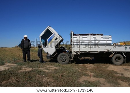 Man repairing a broken truck