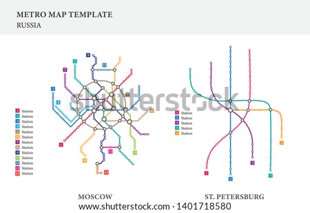Metro/subway map design template, city transportation - Russia Moscow & St. Petersburg City, scheme for underground road, Russian major city