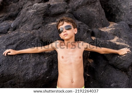 Similar – Image, Stock Photo Young man shirtless on the beach, clear background, liberty confidence concepts, holiday, beard and long hair