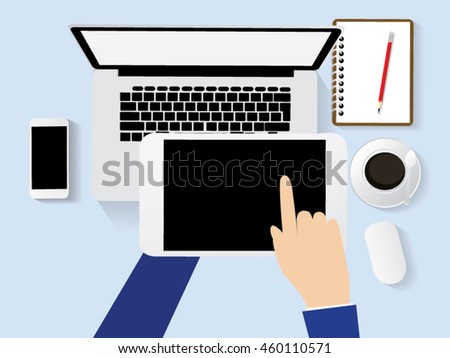 tablet pc screen held by businessman hands on desk office - online, top view