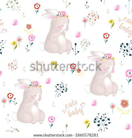 Pattern cute rabbit baby with flowers.Bright flowers on white background Stockfoto © 