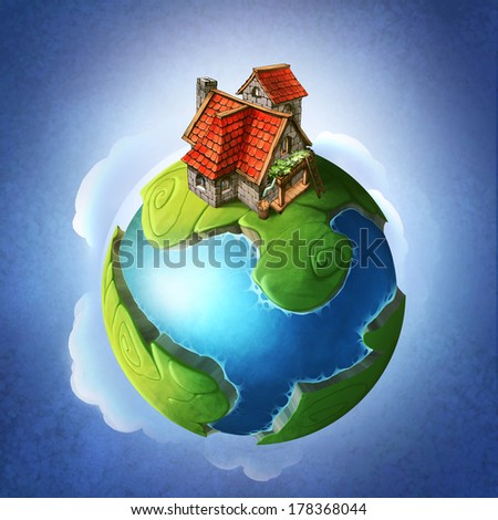 Little blue and green fantasy planet with a house on it