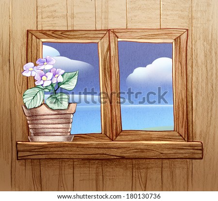 Window frame with flowers