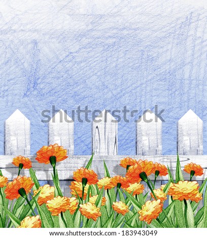 Illustration with the painted fence and flowers