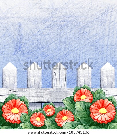 Illustration with the painted fence and flowers