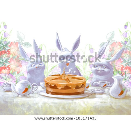 Funny illustration of cute rabbits birthday party with a tasty cake