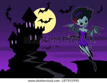 Halloween background with vampire castle, moon and bats