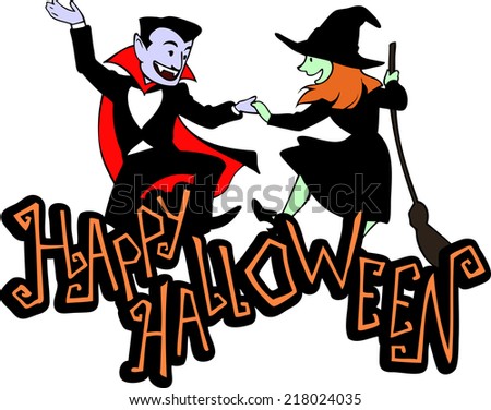 Halloween title with dancing witch and vampire