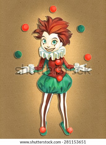Cartoon colorful illustration of a pretty juggling clown girl in red and green stage costume