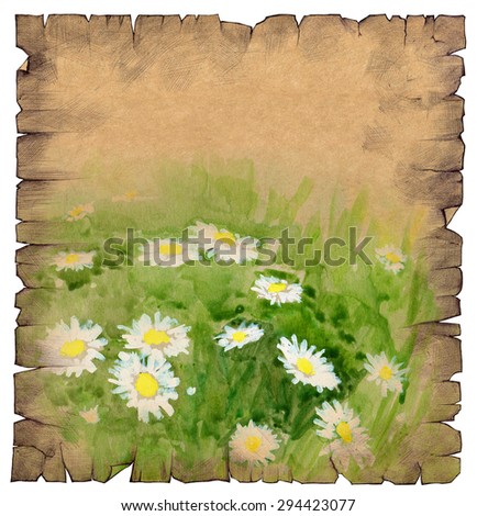 Hand drawn illustration of a vintage old paper scroll with a drawing of blooming flowers among green grass on it
