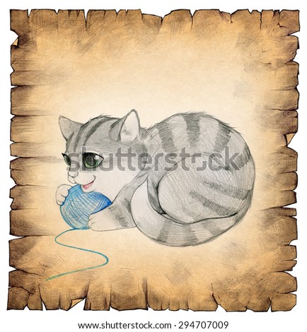 Hand drawn illustration of a vintage old paper scroll with a drawing of a cute kitten on it
