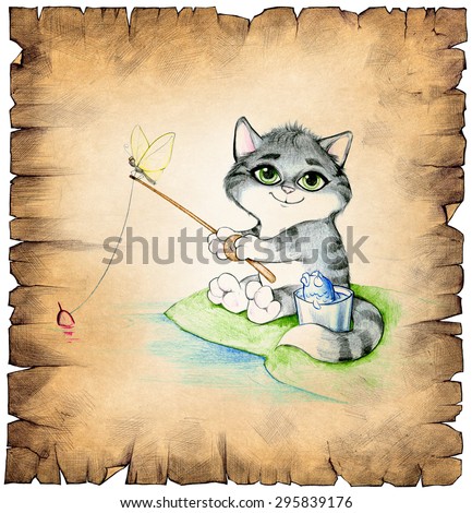 Hand drawn illustration of a vintage old paper scroll with a fishing cat on it