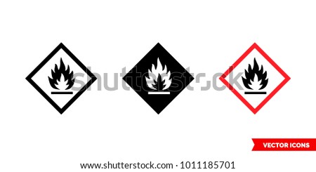 Flammable hazard icon of 3 types: color, black and white, outline. Isolated vector sign symbol.