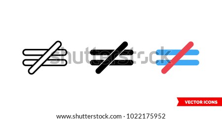 Not equal symbol icon of 3 types: color, black and white, outline. Isolated vector sign symbol.