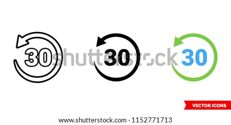 Replay 30 icon of 3 types: color, black and white, outline. Isolated vector sign symbol.