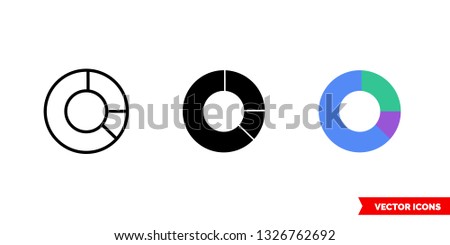 Doughnut chart icon of 3 types: color, black and white, outline. Isolated vector sign symbol.