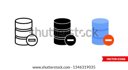 Remove database icon of 3 types: color, black and white, outline. Isolated vector sign symbol.