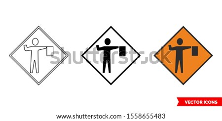 Flagman ahead roadworks sign icon of 3 types: color, black and white, outline. Isolated vector sign symbol.
