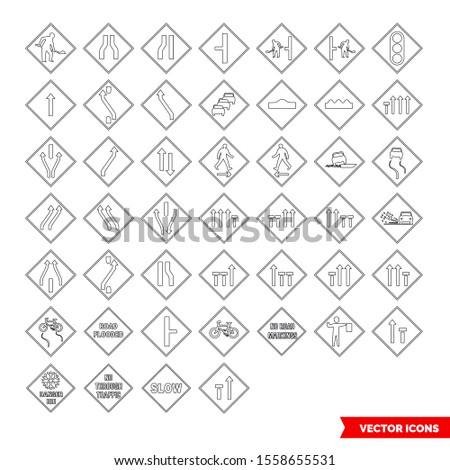Roadworks signs icon set of outline types. Isolated vector sign symbols. Icon pack.