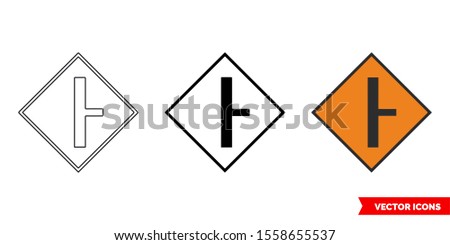 Side road on right roadworks sign icon of 3 types: color, black and white, outline. Isolated vector sign symbol.
