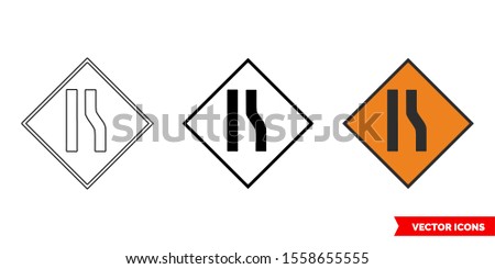 Road narrows on right roadworks sign icon of 3 types: color, black and white, outline. Isolated vector sign symbol.
