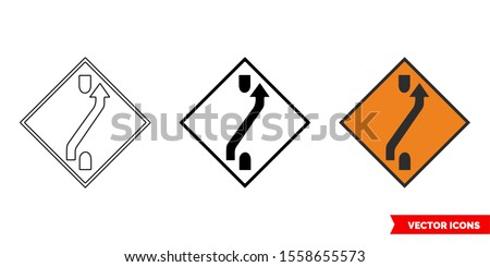 One lane crossover (out) roadworks sign icon of 3 types: color, black and white, outline. Isolated vector sign symbol.
