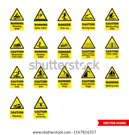 Water safety hazard signs icon set of color types. Isolated vector sign symbols. Icon pack.