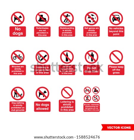 Community safety prohibitory signs icon set of color types. Isolated vector sign symbols. Icon pack.
