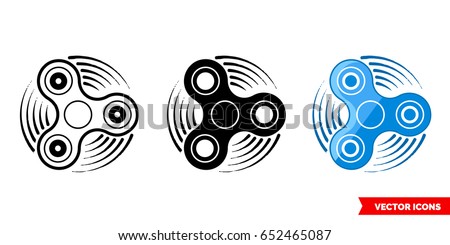 Fidget spinner icon of 3 types: color, black and white, outline. Isolated vector sign symbol. Hand spinner blue.