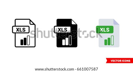 XLS file icon of 3 types: color, black and white, outline. Isolated vector sign symbol.