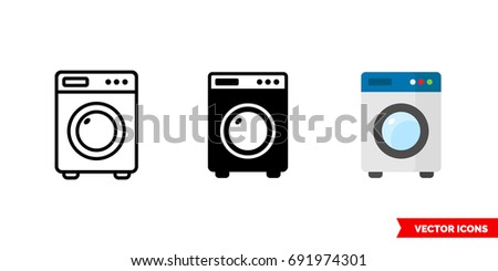 Washing machine icon of 3 types: color, black and white, outline. Isolated vector sign symbol.