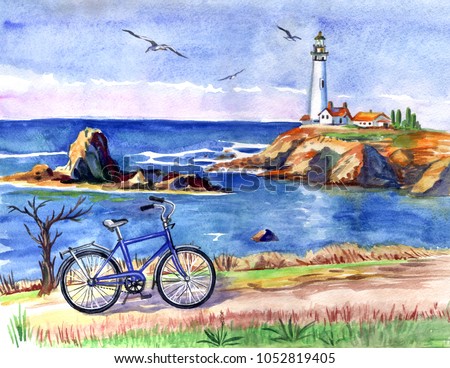 Seascape with a lighthouse and a bicycle, watercolor painting, freehand drawing, print for poster, picture, postcard, illustration for books, home decor