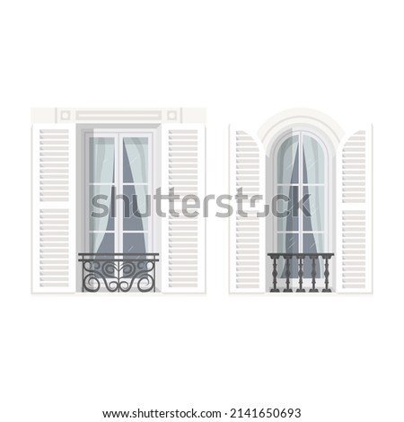 Typical french windows with wooden shutters. A window in a classic frame with a pediment and trim. Element of architectural decoration of the facade of the building. Vector Illustration.