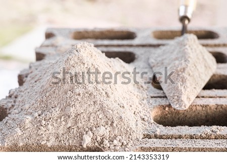 Cement or mortar, cement powder with a trowel and  cement powder pile put on the brick for construction work. Сток-фото © 