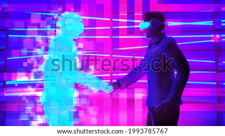 Business man wear virtual glasses is shaking hand with hologram graphic , futuristic communication concept. 3D rendering picture.