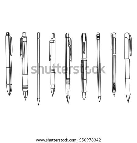 Pens and pencils in a row, contour illustration. Isolated on white.