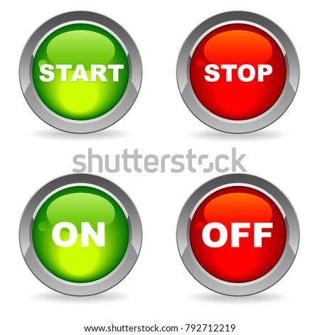 Start and stop, on and off buttons, isolated on white with shadows