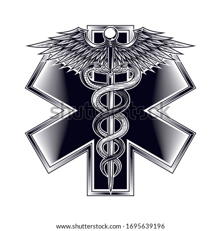 Emblem of the star of life with Caduceus symbol. Vector illustration in engraving technique. Modern symbol of medicine, emergency medical services, paramedics, technicians. Isolated on white.