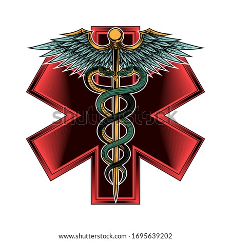 Emblem of the star of life with Caduceus symbol. Vector illustration in engraving technique. Modern symbol of medicine, emergency medical services, paramedics, technicians. Isolated on white.