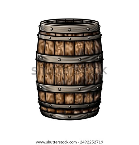 Beverage barrel. Vector illustration in engraving technique of wooden old alcohol cask.