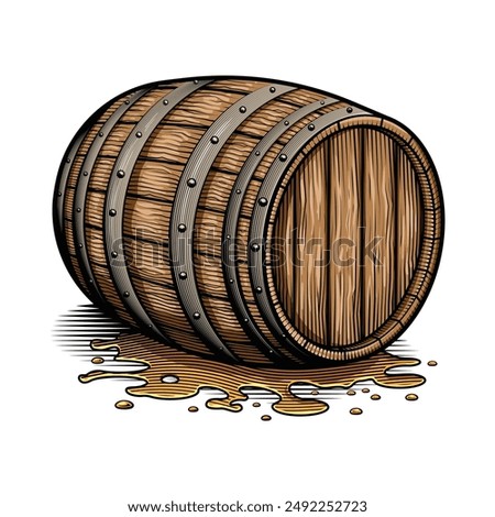 Beverage barrel. Vector illustration in engraving technique of wooden old alcohol cask.